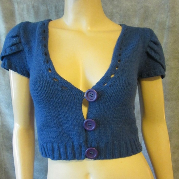 LES PETITES Blue Pointelle Crop Cardigan Sweater S - Picture 1 of 3